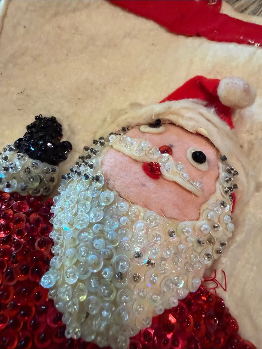 1950s Handmade Felt Sequin Santa Christmas Stocking 3D Padded Folk Art MCM